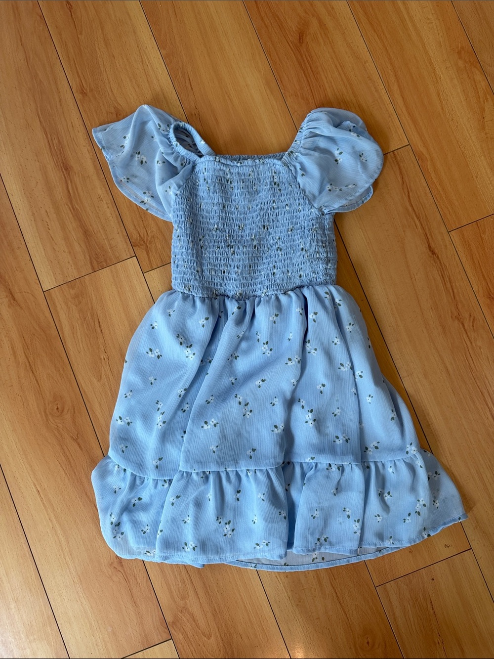 Girls' Light Blue Smocked Floral Dress